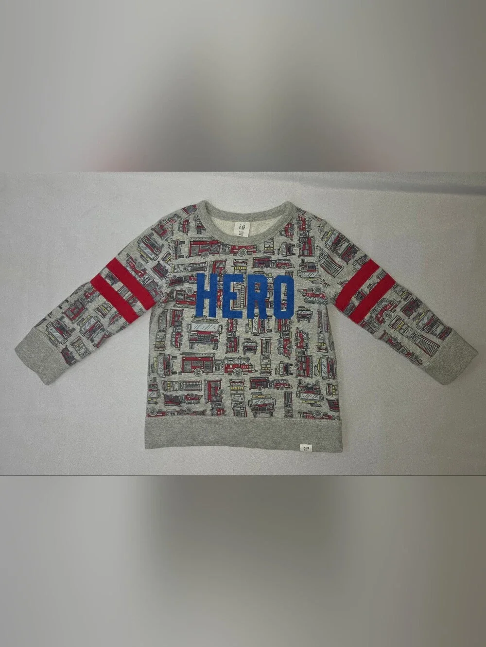 GAP Kids Gray Sweatshirt with Blue HERO and Red Fire Truck Print